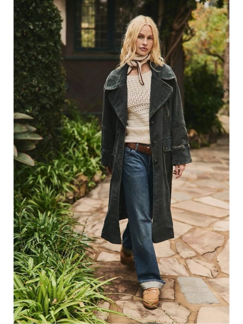 Free People Retro 70s Fox Cord Corduroy Duster Trench Coat Dark Charcoal Medium